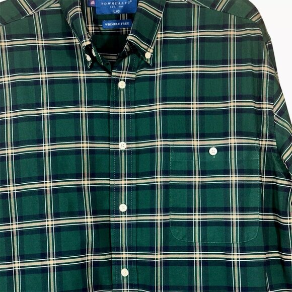 Towncraft Mens Wrinkle-free Long Sleeve Button down Shirt Green Plaid Size L - Picture 3 of 6
